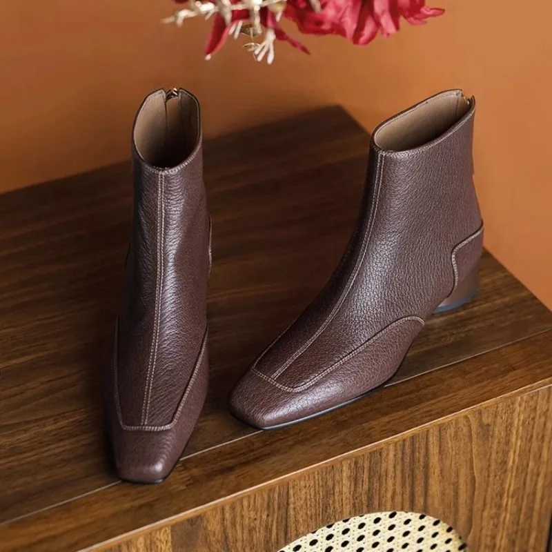 Women's Square Toe Leather Ankle Boots, Contrast Stitching Low Block Heel Back Zipper Vintage Elegant Ladies Short Boots