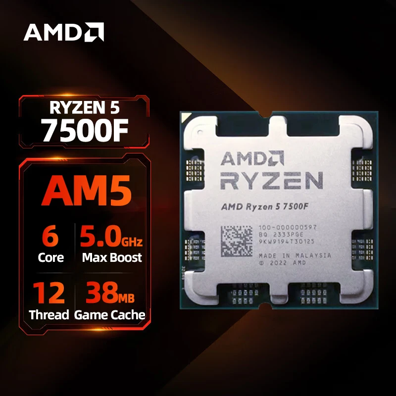 Processore AMD Ryzen 5 7500F 5GHz 6-Core 12-Thread 38MB di Cache di gioco 5NM TDP 65W Socket CPU da gioco AM5 senza grafica