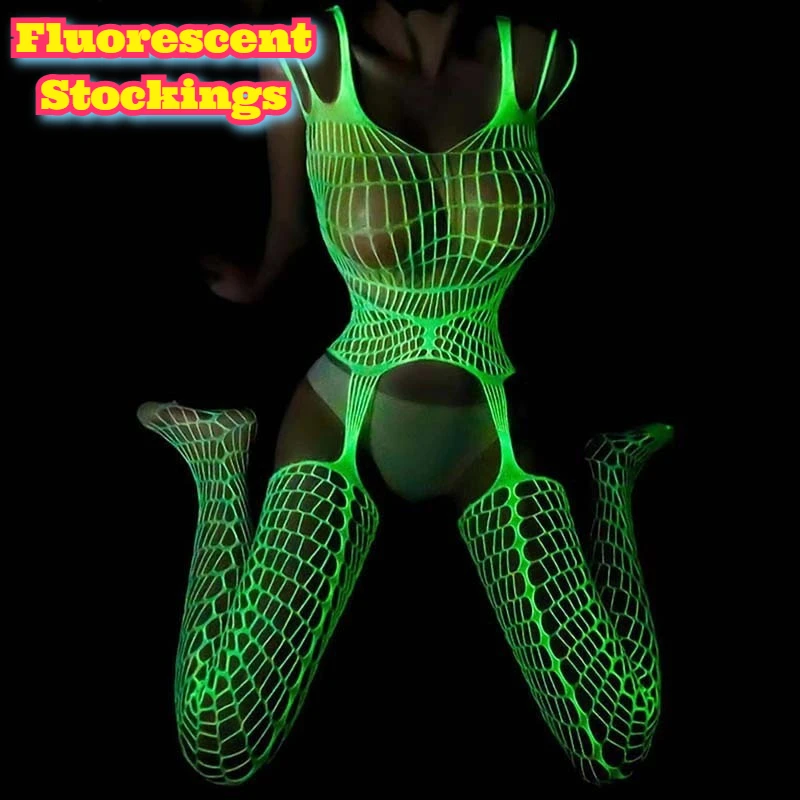 

Fluorescent Glow Dark Bodystocking Sexy Lingerie Set Fishnet Mesh Catsuit See Through Open Crochet Lace Couple Role Play Hot