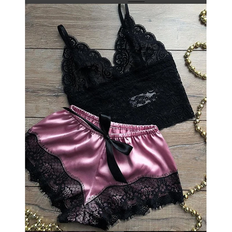 Sexy Lace Silk Sleepwear Two Piece Set Of Suspender Shorts For Women Pajamas Set Lingerie Crop Tops Shorts Nightwear