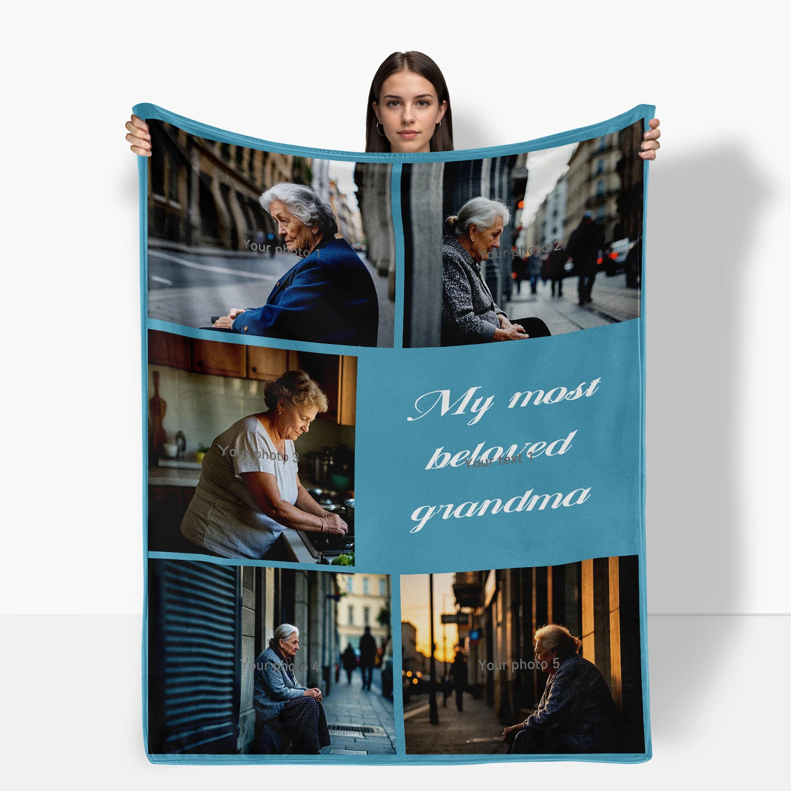 Customizable With 5 Photos And 1 Text Family Memory Blanket Perfect Gift For Grandmother Connect Hearts With Personal Touch