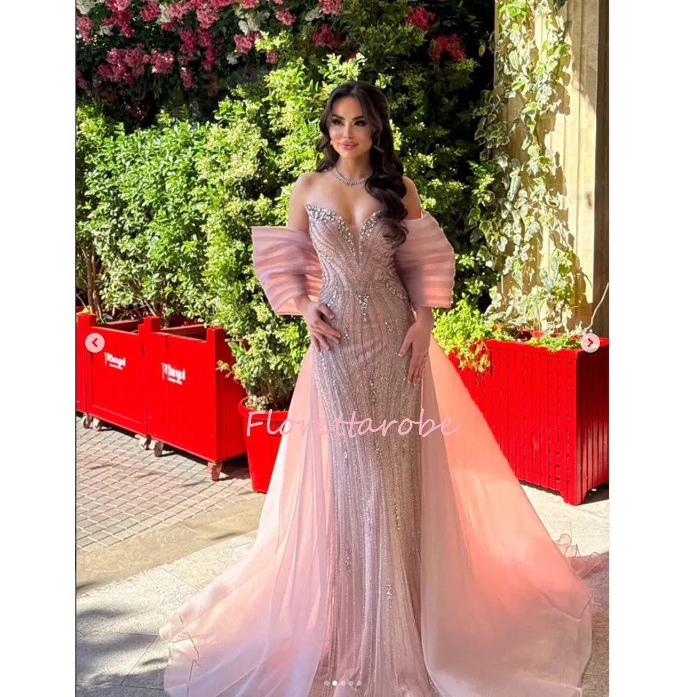 Luxury Pink Strapless Mermaid Beaded Evening Dress Bow Sleeve Elegant Formal Event Gala Gown Prom Gowns Customized