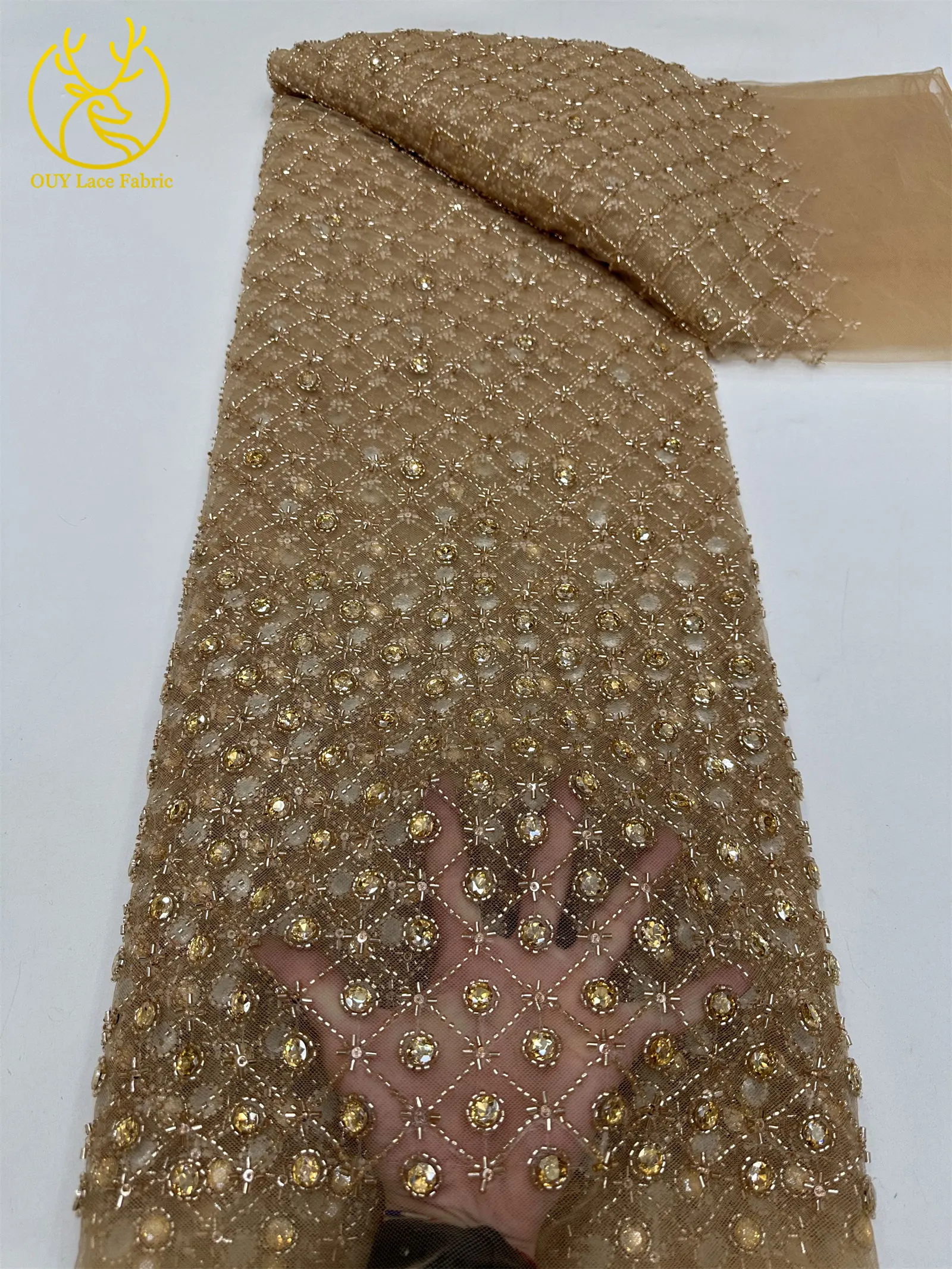 Smaragdgrüner Afrikanischer Tüll mit Perlen, Hochwertige Französische Pailletten-Spitze, Nigerianischer Mesh-Tüll für Hochzeitskleider – Detail 18