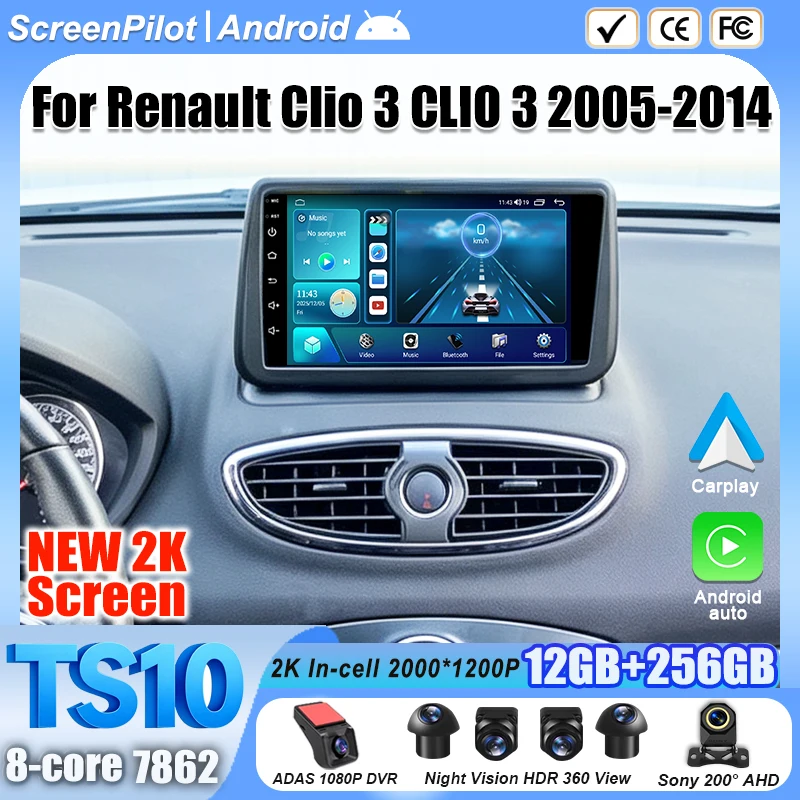 Android 16 For Renault Clio 3  CLIO 3 2005-2014 Car Radio Stereo Head Unit Multimedia Video Player GPS Navigation 2K QLED 9 inch