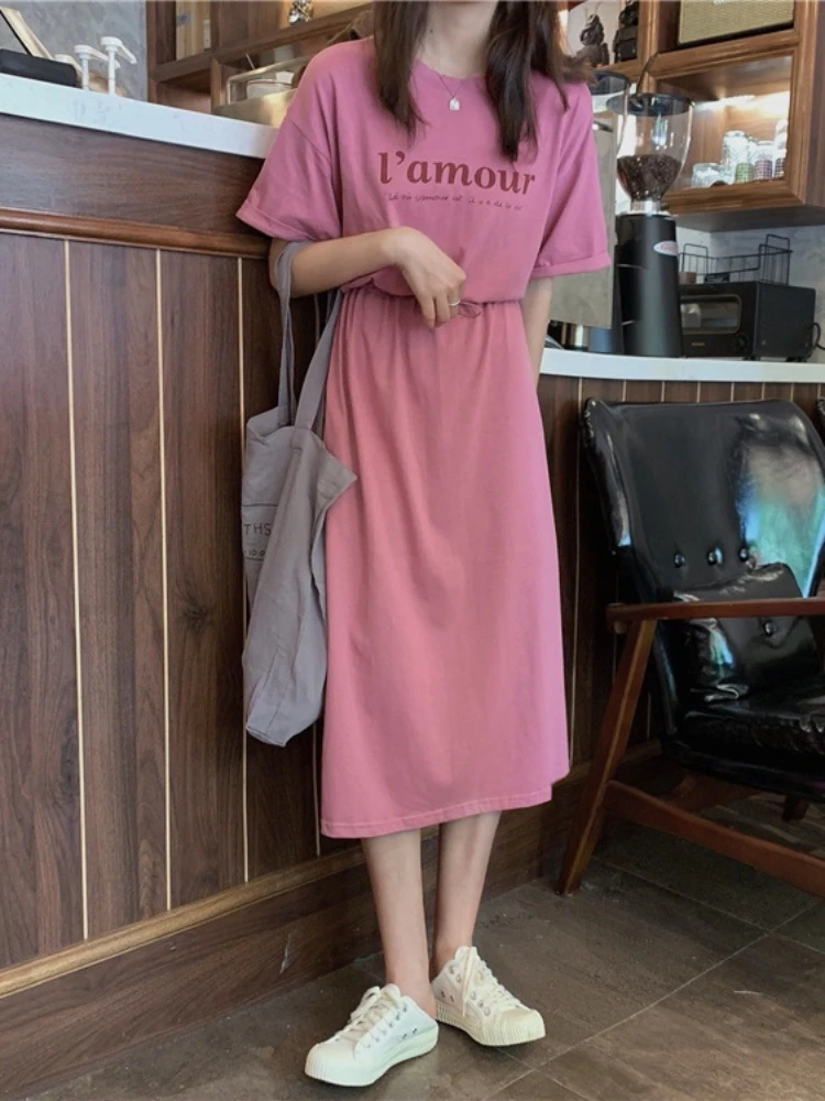 Sweet Loose Split Hem T Shirt Dress Summer New Short Sleeve Printing Letter Simplicity Midi Dress Fashion Casual Women Clothing