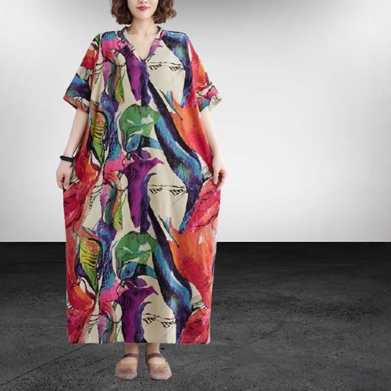 الصيف المتضخم قصيرة الأكمام القطن الكتان خمر فساتين مُزينة بنقشة الزهور المرأة عادية فضفاض ماكسي فستان صيفي طويل ملابس أنيقة