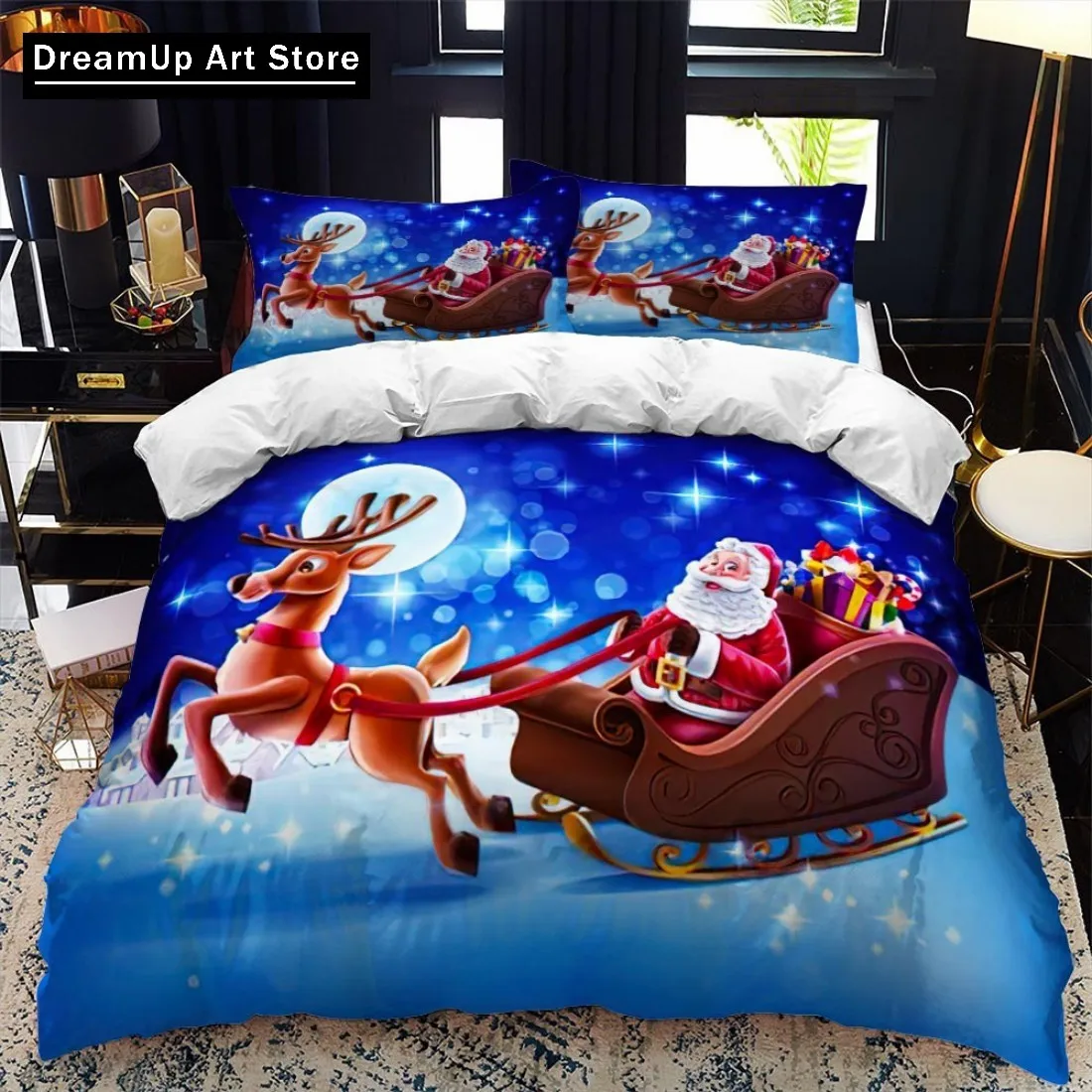 Christmas Polywster Duvet Cover Set King Queen Size Winter Red Santa Claus Gift Merry Christmas Bedding Set