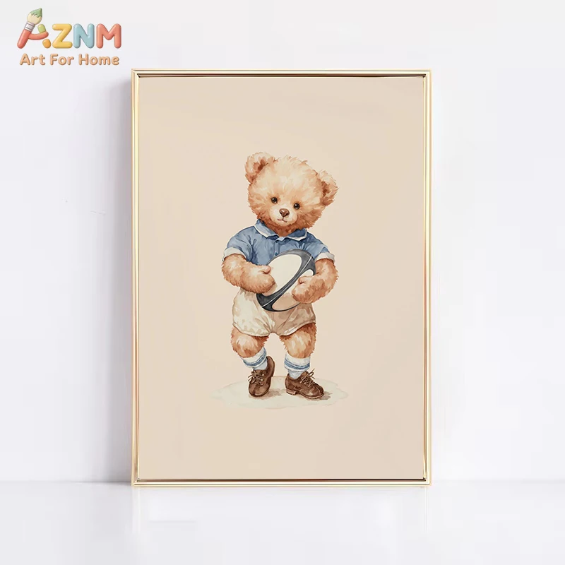 AZNM Watercolor Sporty Teddy Bear Canvas Wall Art Print, Cute Bear Playing Basketball Football Golf Tennis Nursery Poster for Bo