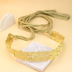 Sunspicems Gold Color Moroccan Style Metal Waist Belt Hand Rope Tassels Chain Arabic Hollow Arabesque Daily Dress Accessories