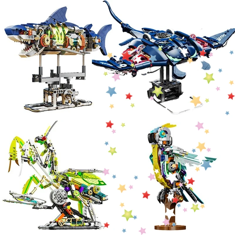 

Со светом, креативный идеальный механический акула, попугай, богомол, мантой-рей, строительные блоки, набор кирпичей, игрушки, подарок для детей, подарки для мальчиков