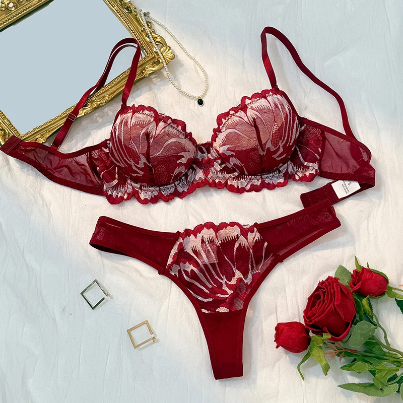 

Lingerie Sexy Women Wine Red Lace Underwear Fantasy Erotic Bra and Panty Set Intimate Female Sexys See Through Mesh Lingerie Set