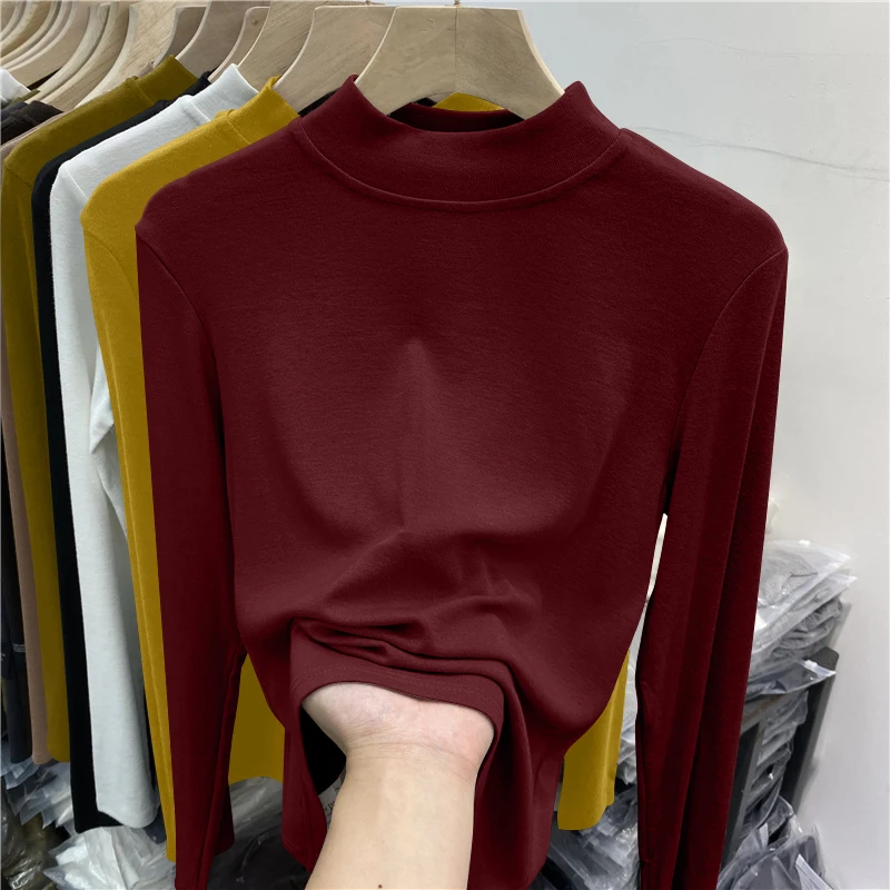 슬림 핏 롱 슬리브 미드넥 티셔츠 여성용 봄 가을 신상 얇은 엘레 리브드 디자인 심플한 단색 탑