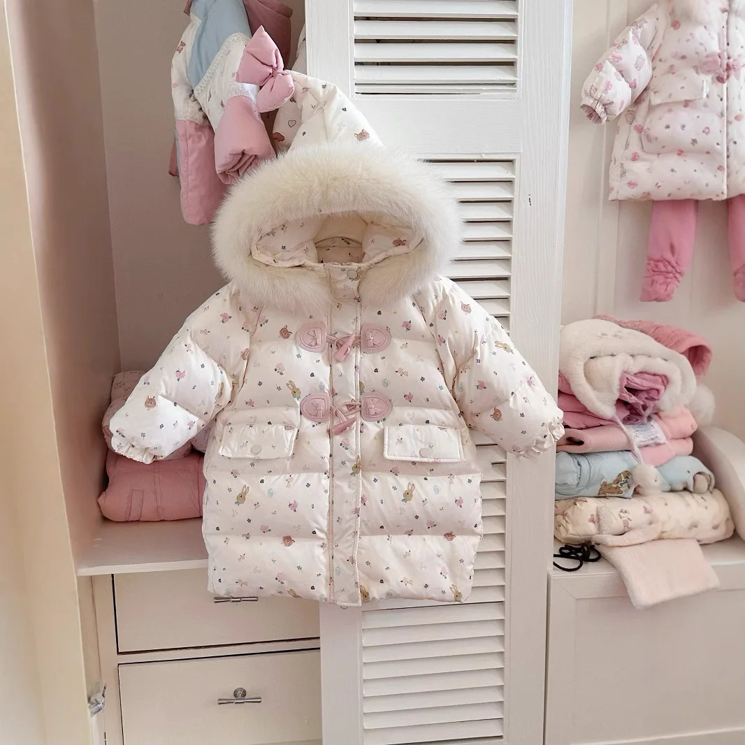 

Toddler Girls Down Jacket Fur Hooded Thick Warm Cartoon Jacquard Infant Girls Down Coat 90% White Duck Windproof Kids Girls Coat