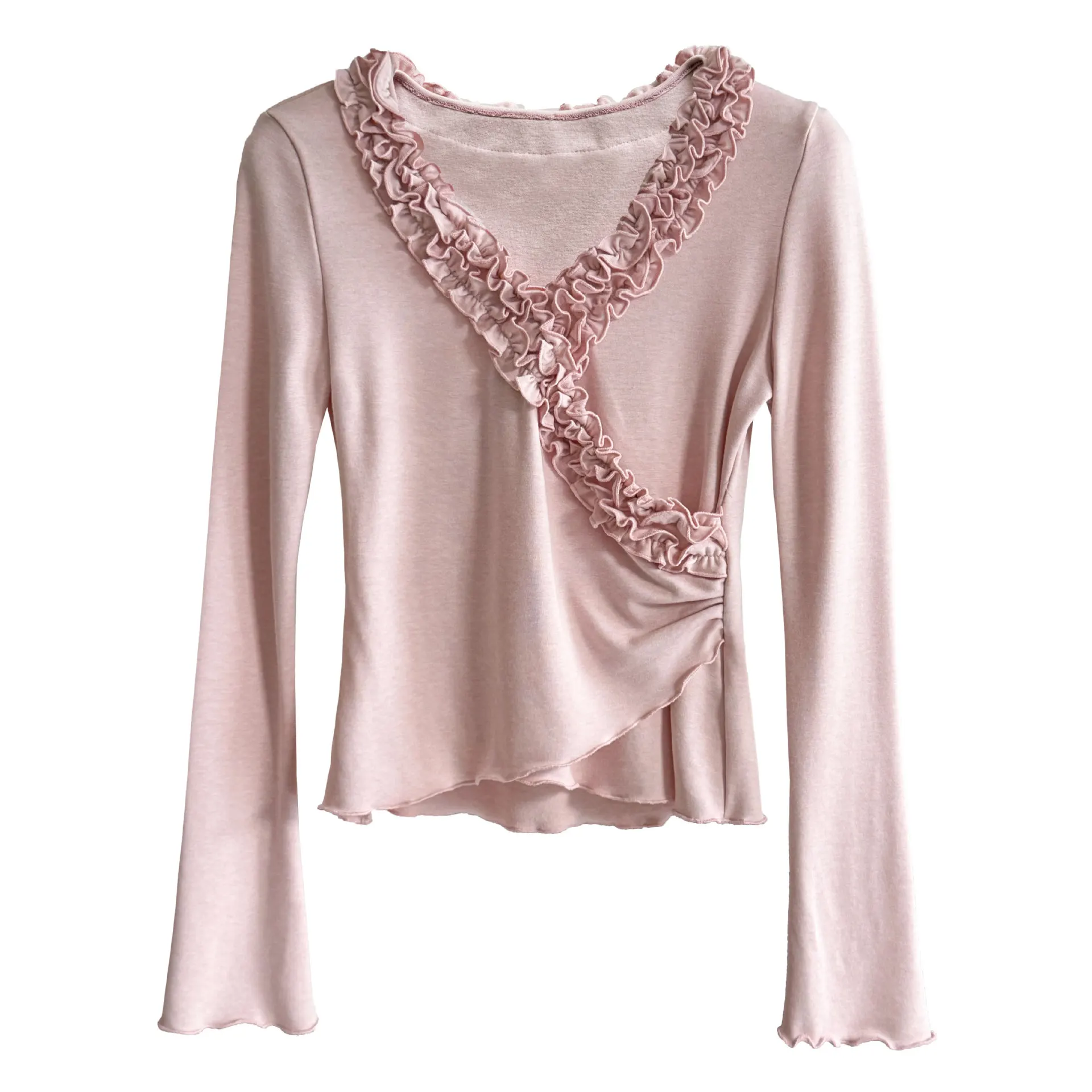 

Women T Shirts Tops Solid Tees Lettuce Edge Asymmetric Long Sleeves V Neck Slight Strech Slim Fit Office Lady Casual 2026 Spring