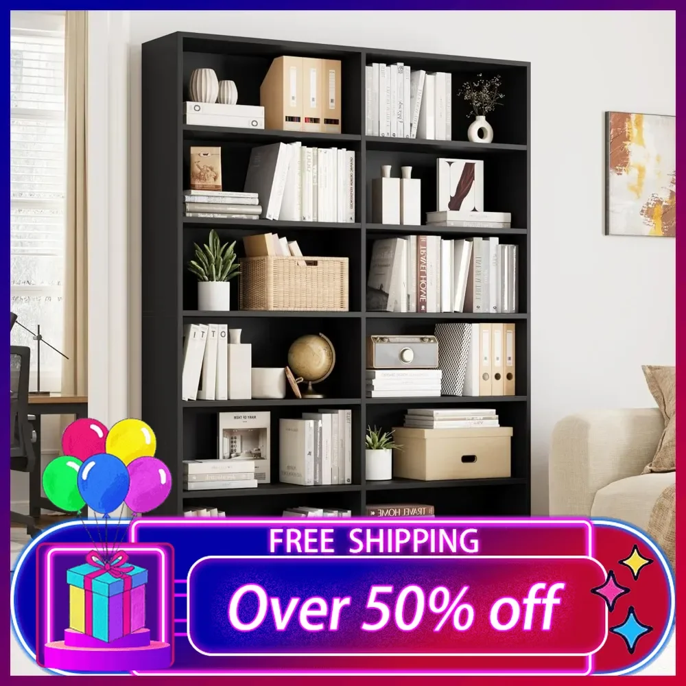 Bookshelf, 6-Tier Double Wide Bookshelves,Display Storage Shelves,Tall Bookcases for Home Decor Bedroom, Living Room,Home Office