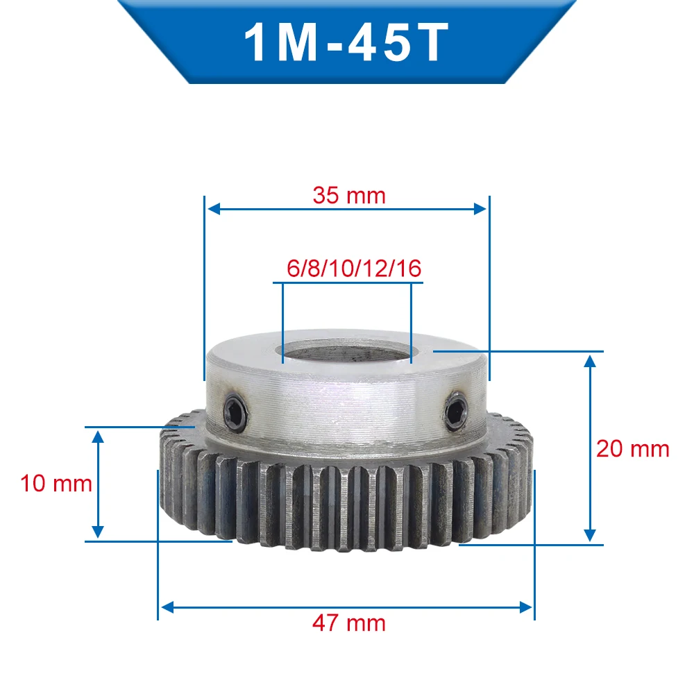 1 Piece 1M45T Spur Gear Bore Size  6/8/10/12/16 mm Motor Gear Low Carbon Steel Material High Quality Metal Gear For Motor