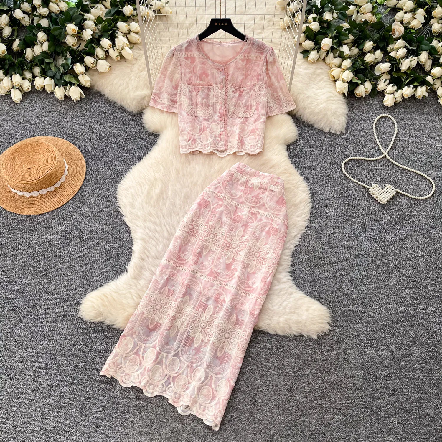 

Skirt Set Women Two Piece Sets Round Neck Short Sleeve Tops Print Long Skirts A Line High Waist Y2k Streetwear Elegant Work