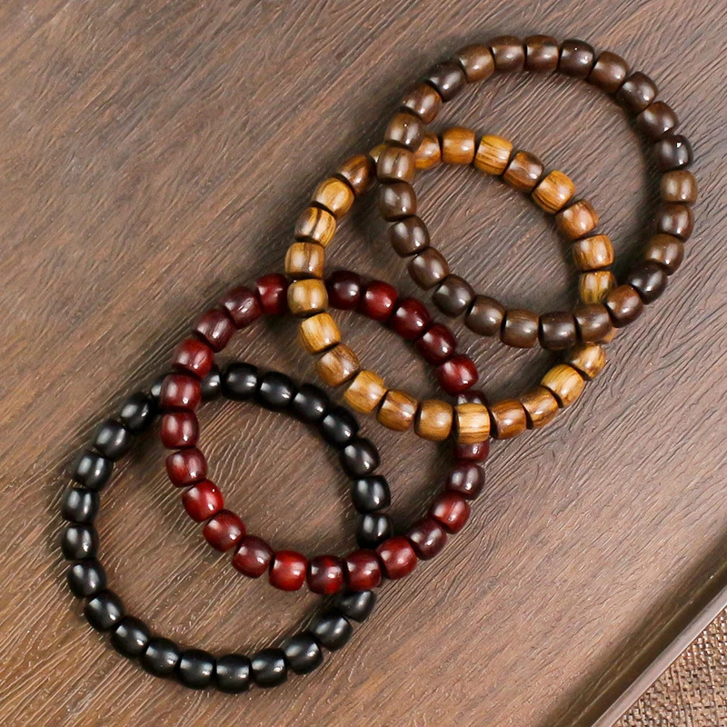 1pc Natural Sandalwood Bucket Bracelets 7x8mm Women Men Elastic Stacked Wooden Bangles Wrap Hand Jewelry Adjustable Accessories
