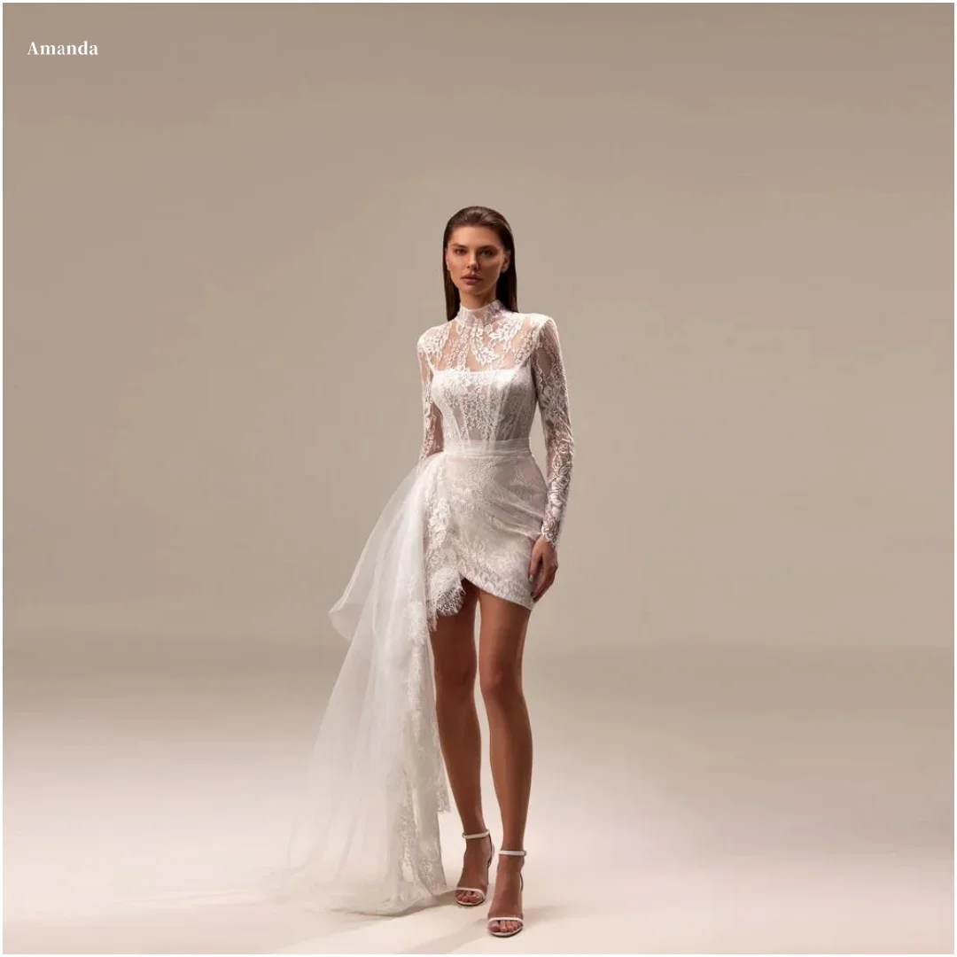Amanda Maßgeschneiderte weiße Stehkragen, transparente Spitze, lange Ärmel, Saum, Tüll-Schleppe, Mini-formales Abendkleid 2025, Abendkleid
