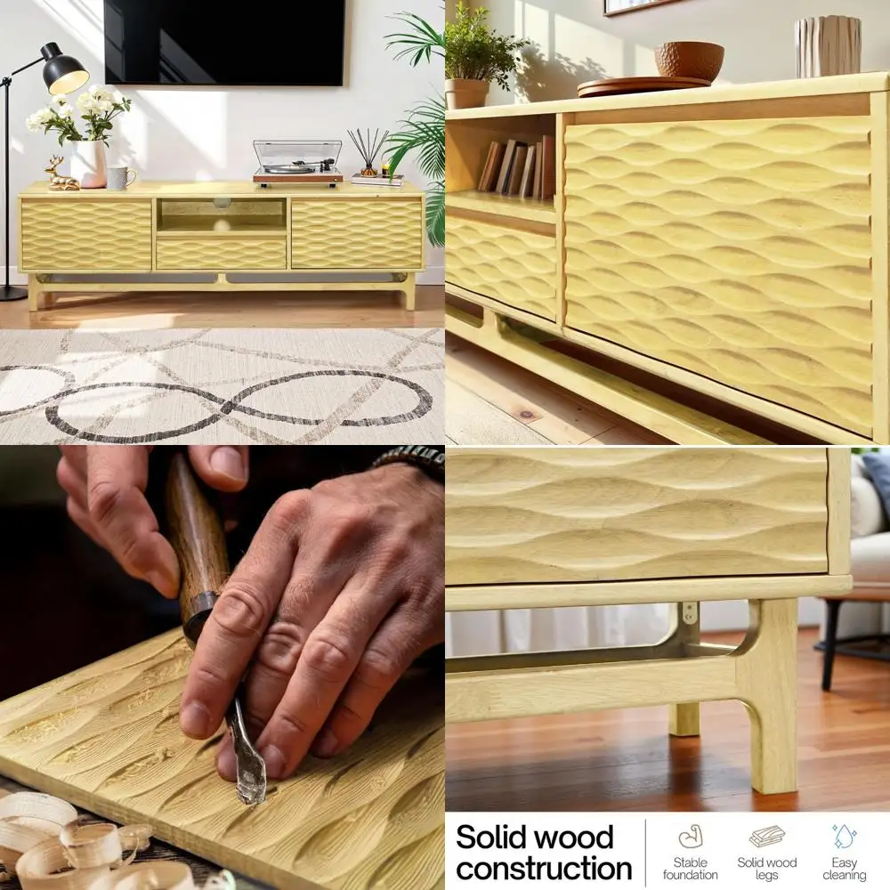 

Современная деревянная подставка для телевизора середины века из акации и Элары для 75-дюймовых телевизоров с местом для хранения и прокладкой кабелей