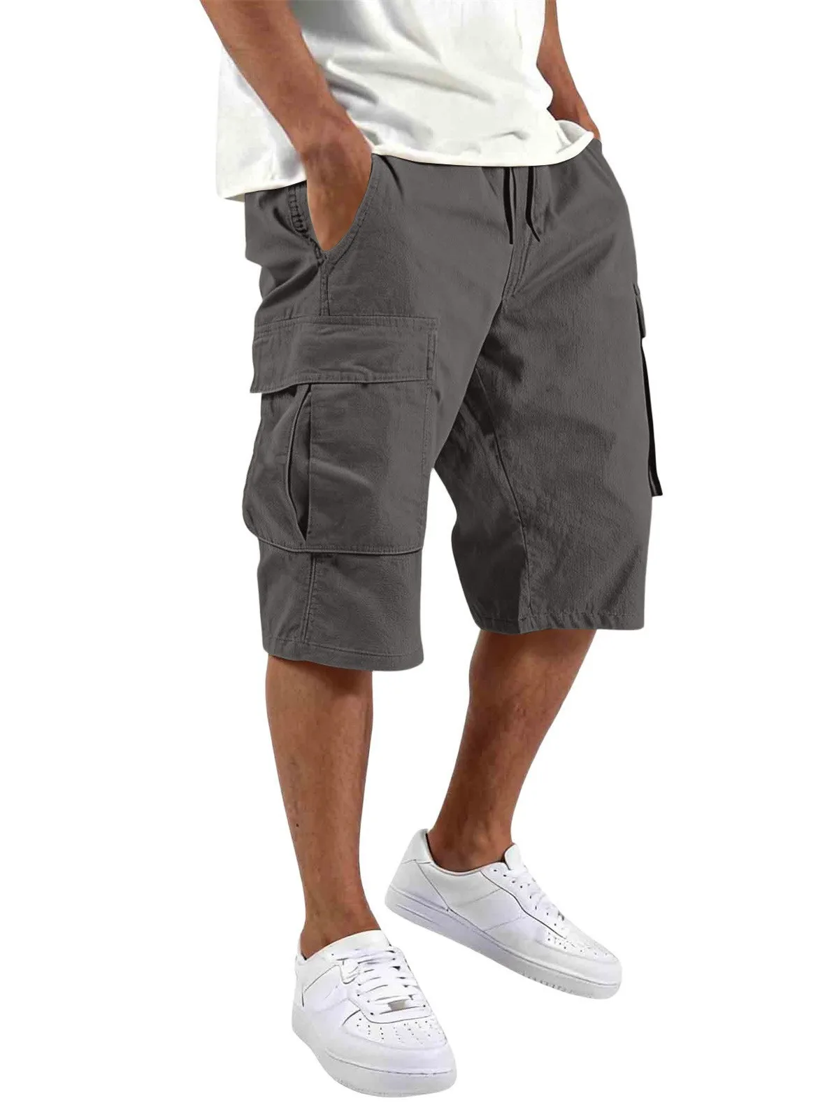 2026 Summer Men Loose Straight Pants Casual Multi-Pocket Shorts Pure Color Fashion Men Shorts Drawstring Daily Cargo Short Pants