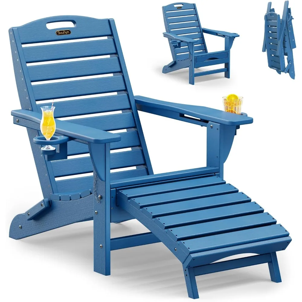 

Folding Adirondack Chair with Retractable Ottoman Weather Resistant Fire Pit Chair Patio Chair with 2 Cup Holder Lawn Outdoor Lo