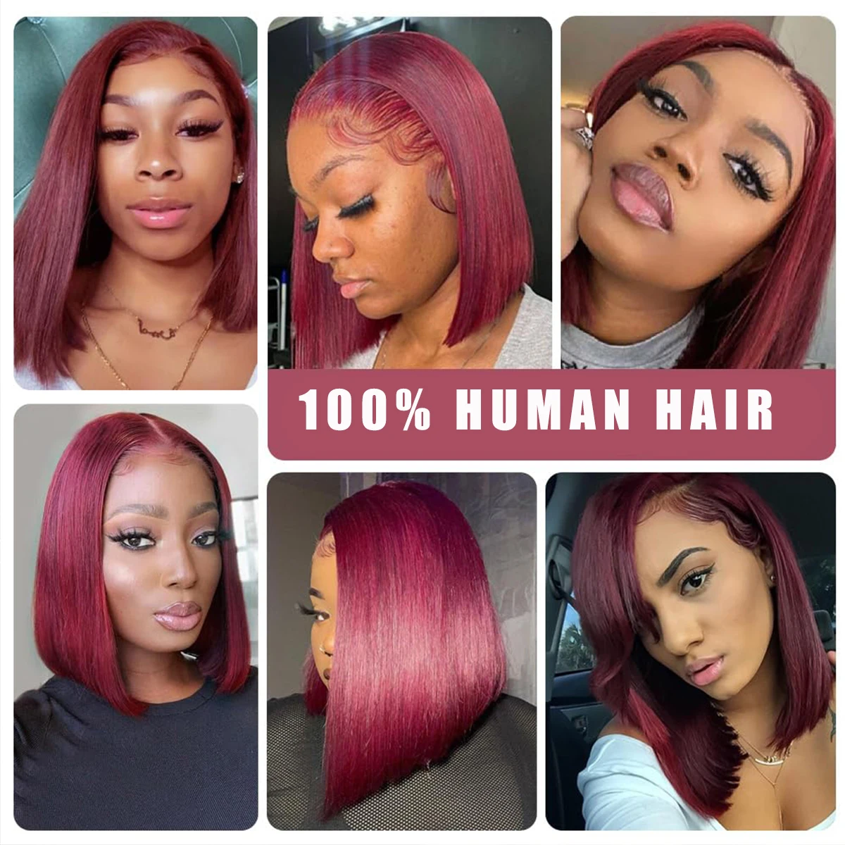 200density 버건디 숏컷 스트레이트 인모 가발 99j 레드 컬러 밥 가발 13x4 HD 투명 레이스 프론탈 가발 (여성용)