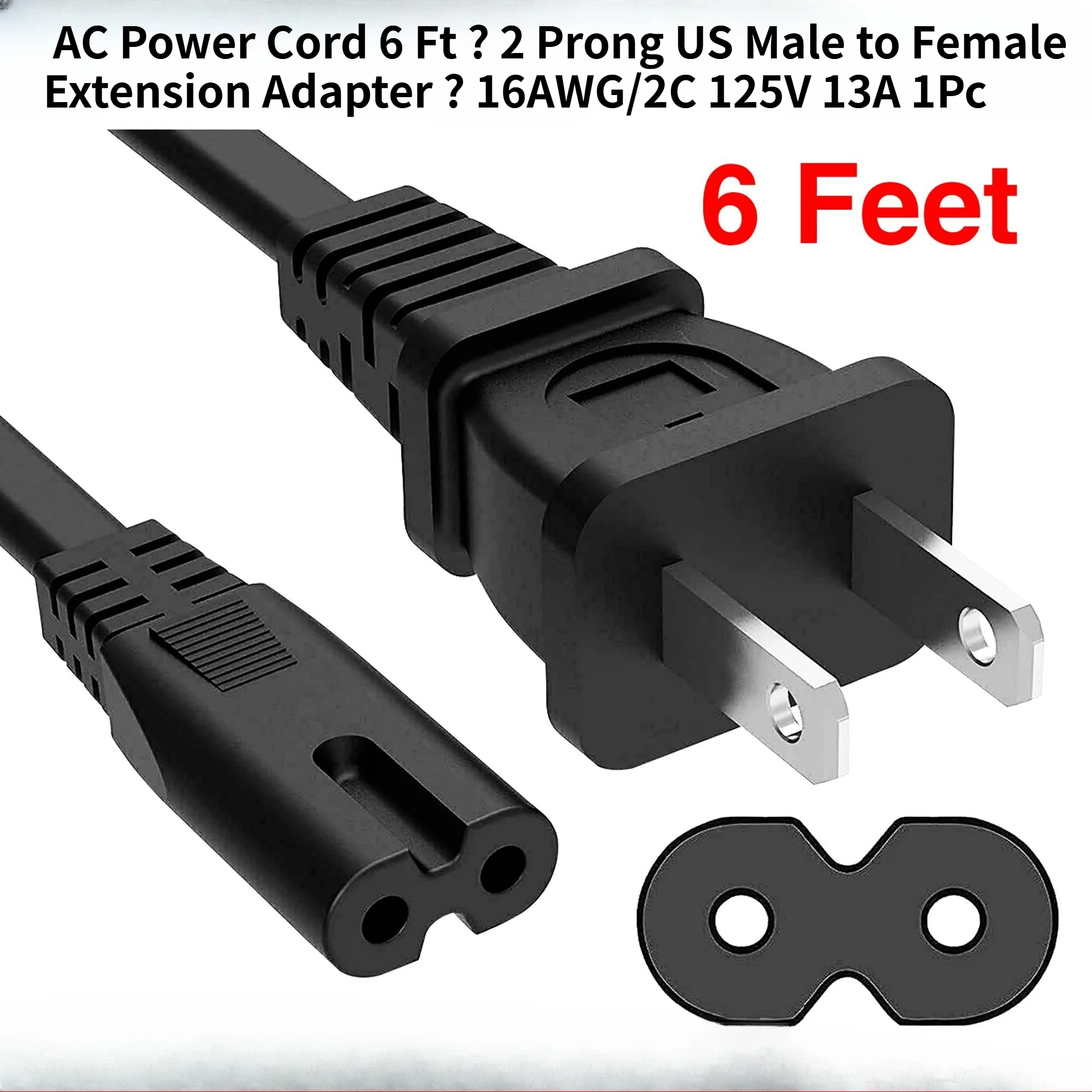 AC Power Cord 6 Ft ? 2 Prong US Male to Female Extension Adapter ? 16AWG/2C 125V 13A 1/2/5 Pc - PP 1001