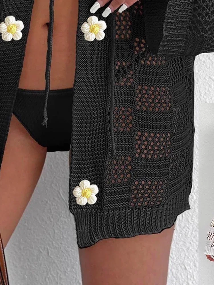Women's Cardigan European and American Women's Woven Sweater Hollow Long-sleeved Sunscreen Bikini Blouse Strap Beach Jacket