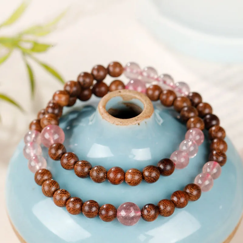 2026 natural golden sandalwood strawberry quartz lucky beads double layer beaded bracelet for women men summer fresh gift for gi