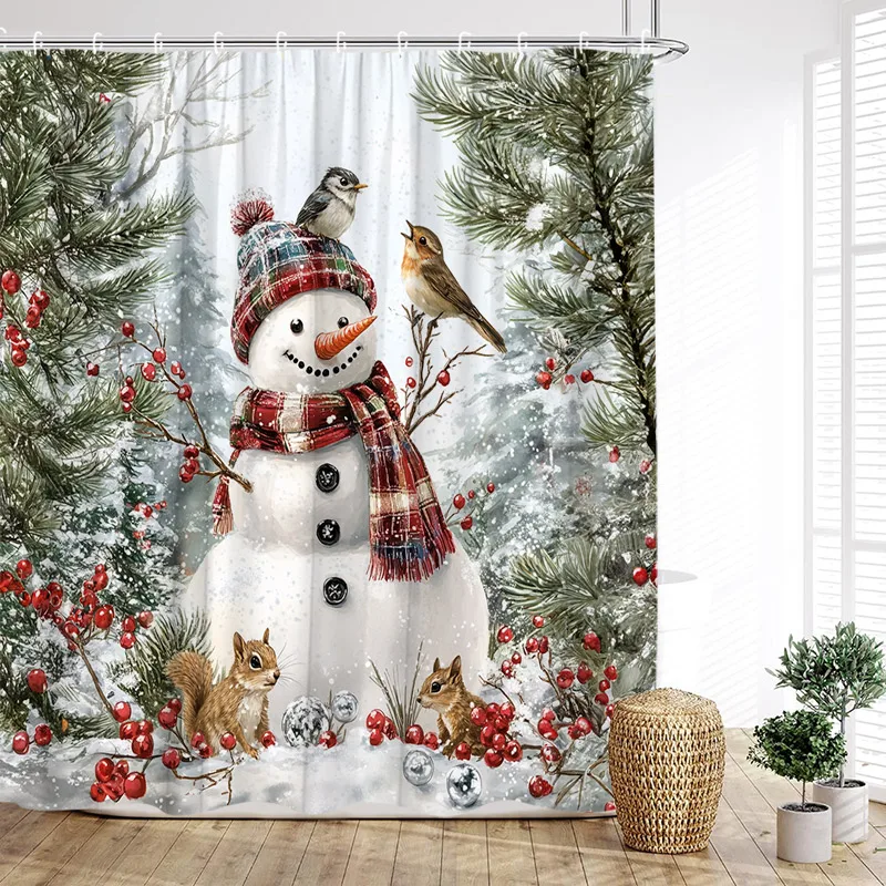 Christmas Snowman Shower Curtains Winter Forest Cedar Pine Bird Red Berry New Year Xmas Bath Curtain Bathroom Decor With Hooks