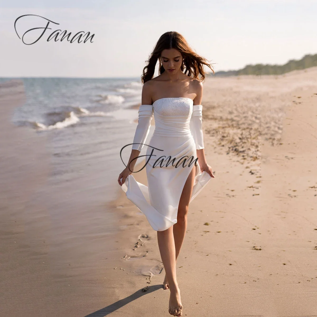 

Simple Off Shoulder Beach Wedding Dresses For Bride Ankle Length Sheath High Slit Gowns Satin Strapless rrobe de mariée