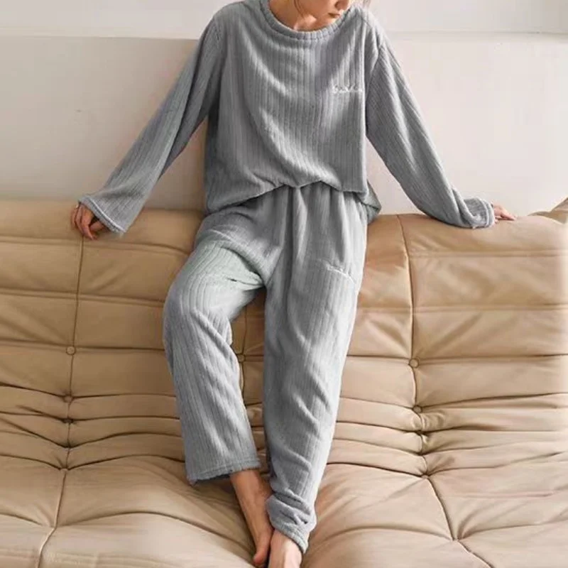 New Women Pajama Trousers Sets Loose Top Elastic Waist Wide Leg Pants Winter Fleece Homewear Sweet Bow Outfit Autumn Sleepwear