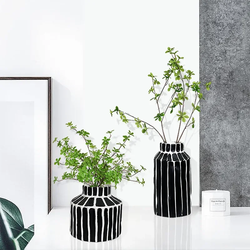 Black and White Stripes Ceramic Vase Geometric Fringe Floral Arrangement Accessories Ceramic Ornament Home Decoration