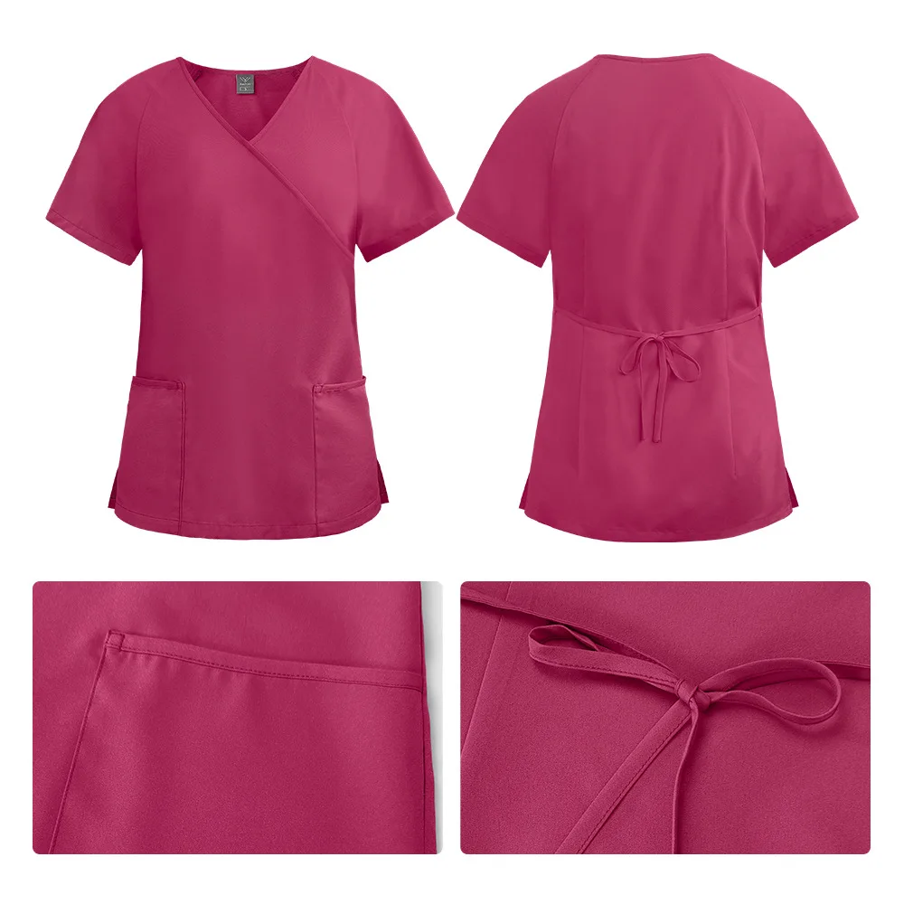 Neutral Wrap V Neck Stretch Medical Scrub Set Nurse Uniform Multi Pocket Elastic Drawstring Pants Doctor Vet Salon Workwear