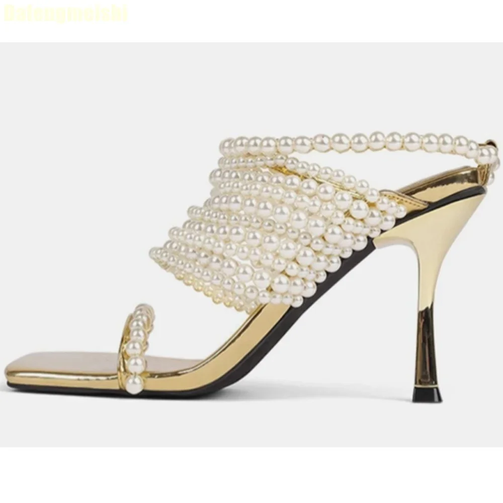 

2025 New Style Golden Pearl Wedding Sandals High-Heeled Sandals for Women Stiletto Square Toe Open-Toed Slip One Slides