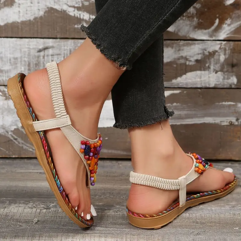 Colorful Beaded Bohemia Sandals Women Summer 2023 Beach Fashion Flat Heels Clip Toe Sandalias Mujer Soft Bottom Rome Shoes Woman