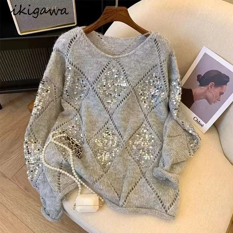 Oversized Pullovers 2024 Women Clothing Sueter Mujer Heavy Sequined Jumper Pull Femme Casual Chic Knitted Thin Sweater Tops