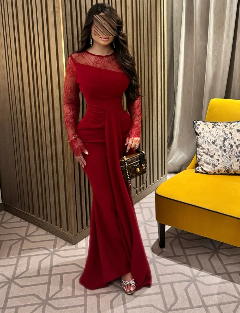 

Customized Red Modern Style Fashion Jersey Lace Pleat Ruched Mermaid Scoop Neck Long Dresses Evening Dresses for Woman