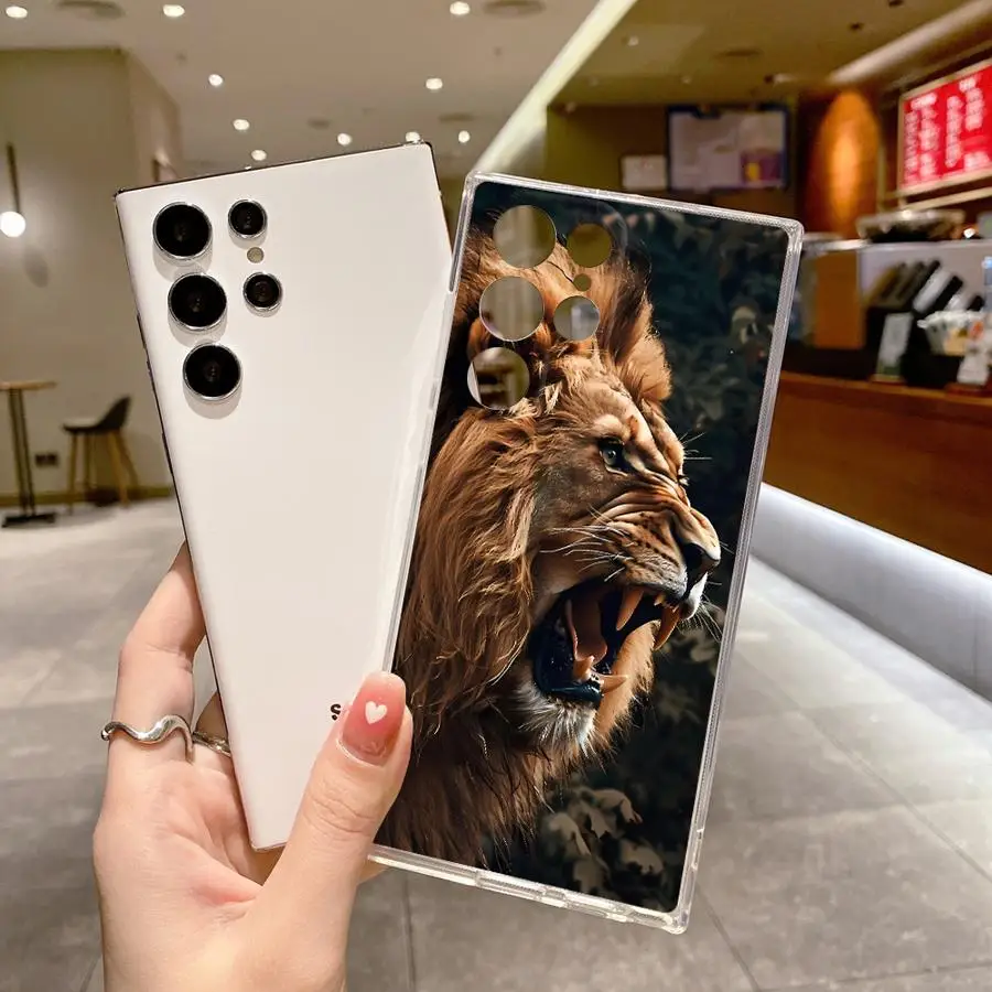 サムスン Galaxy S24 FE S20 S10 Plus S21 Note 10 20 Ultra S23 S25 Ultra S22用 タイガーライオンケース クリアカバー