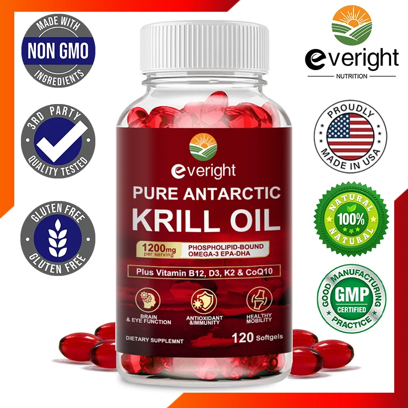 Antarctic Krill Oil 1200 mg with Omega-3 Supplement, EPA & DHA, Astaxanthin & Phospholipids for Heart, Joint, Brain Antioxidant