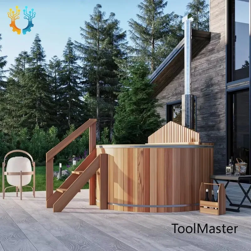 【2026】Jacuzzi de Madera de Cedro Rojo Canadiense de Tamaño Personalizado, Jacuzzi Exterior de Leña con Escalera y Cubierta