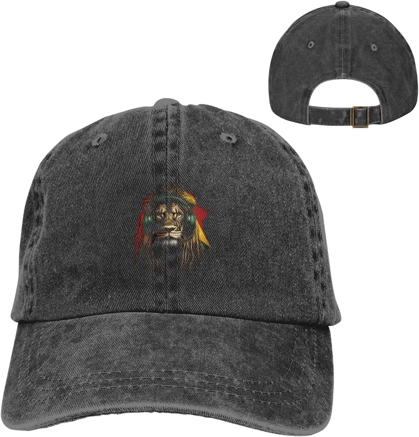 Rasta Lion Headphone Reggae Music Graphic قبعة بيسبول متعثرة قابلة للتعديل من قماش الدنيم المغسول #3