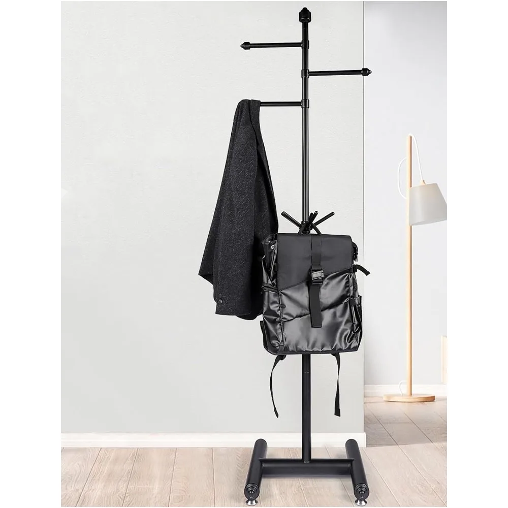 Metal coat rack freestanding, sturdy hat tree adjustable height with movable wheels, suitable for jackets, scarves, school bags