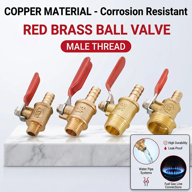 

Brass Barb Ball Valve with Male NPT Thread – 1/8'' 1/4'' 1/2'' Hose Connector for 6–12mm Tubing, Copper Pipe Fitting for Water
