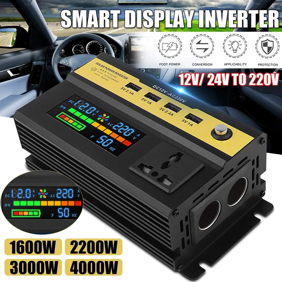 

500W Power Inverter Pure Sine Wave LCD Display DC 12V to AC 220V USB Car Transformer Convert Charging Converter