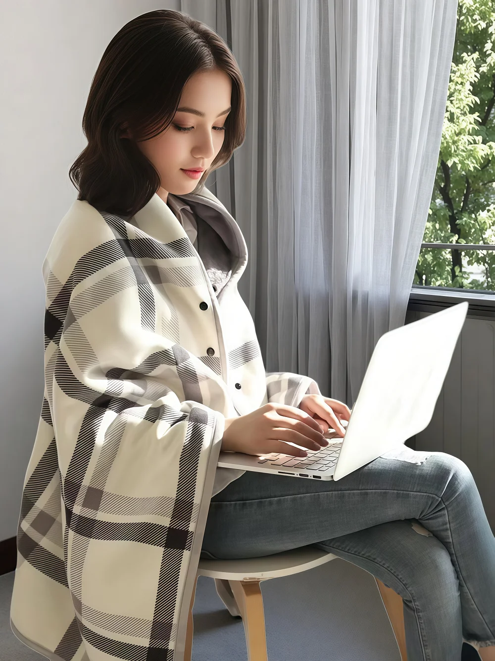 

Simple Design Plaid Pattern Warm Flannel Shawl Blanket Button-Up Wrap Coat Cape Soft Office Lunch Break Cape Blanket