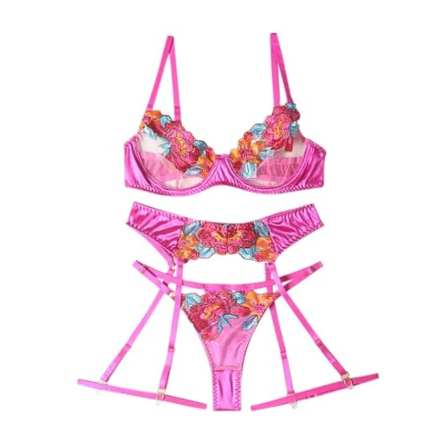 

Lilosy Sexy Leaf Floral Embroide Mesh Sheer Women Underwire Push Up Lingerie Set