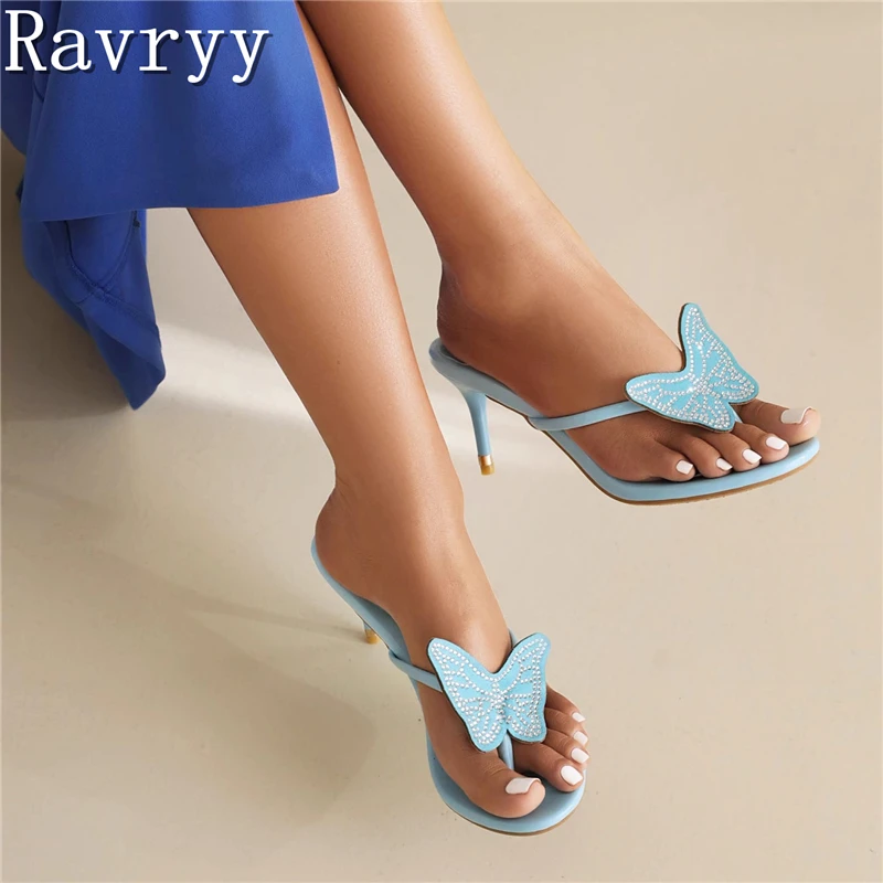 Bling Diamondm Butterfly Decor Slippers Women Summer New Clip Toe High Heel Sandals Elegant Ladies Party Stiletto Slides