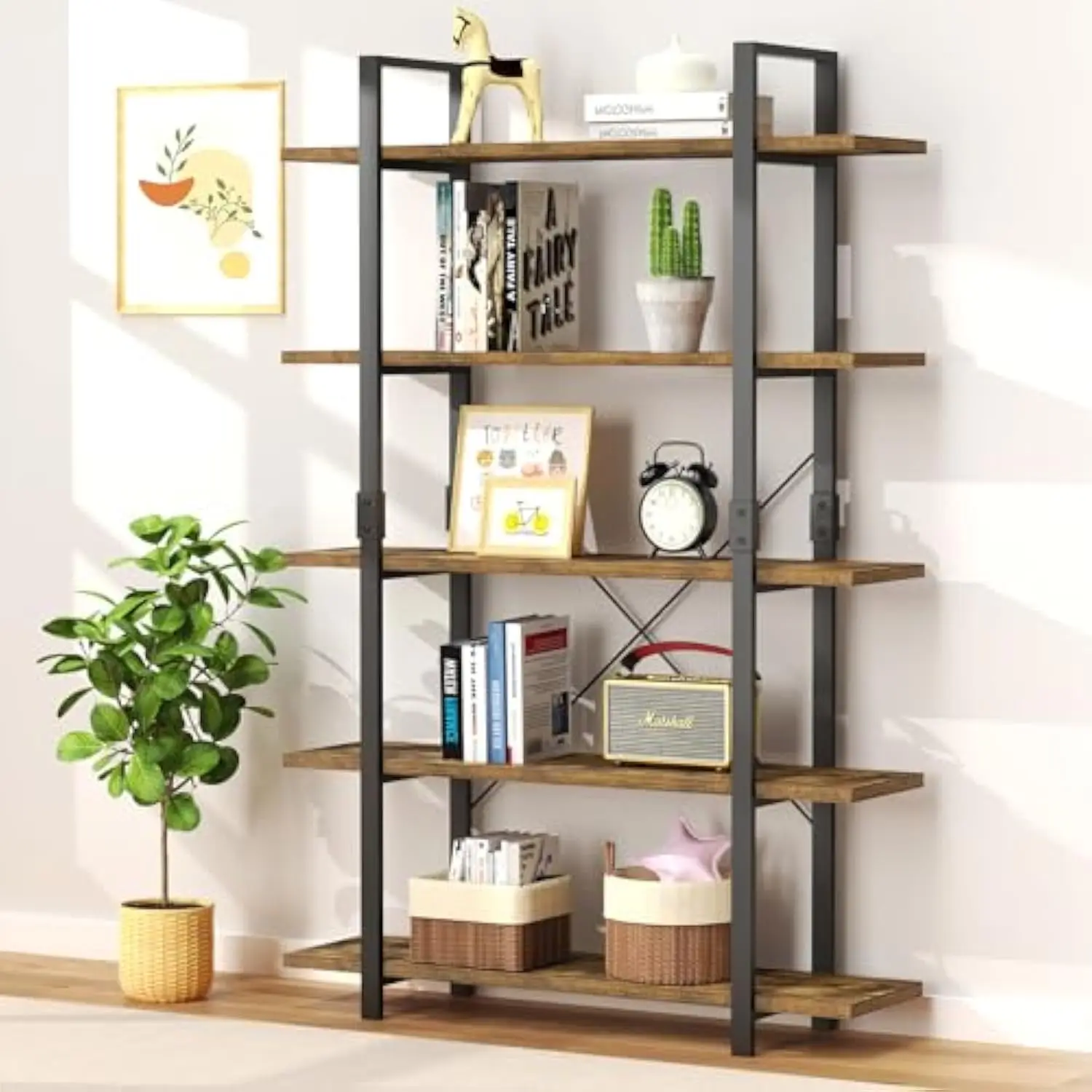 

FRAPOW 5 Tier Bookshelf, 70 inch Tall Solid Bookcase Industrial Wooden Bookshelves Large Wall Etagere Rustic Vintage Book Shelf